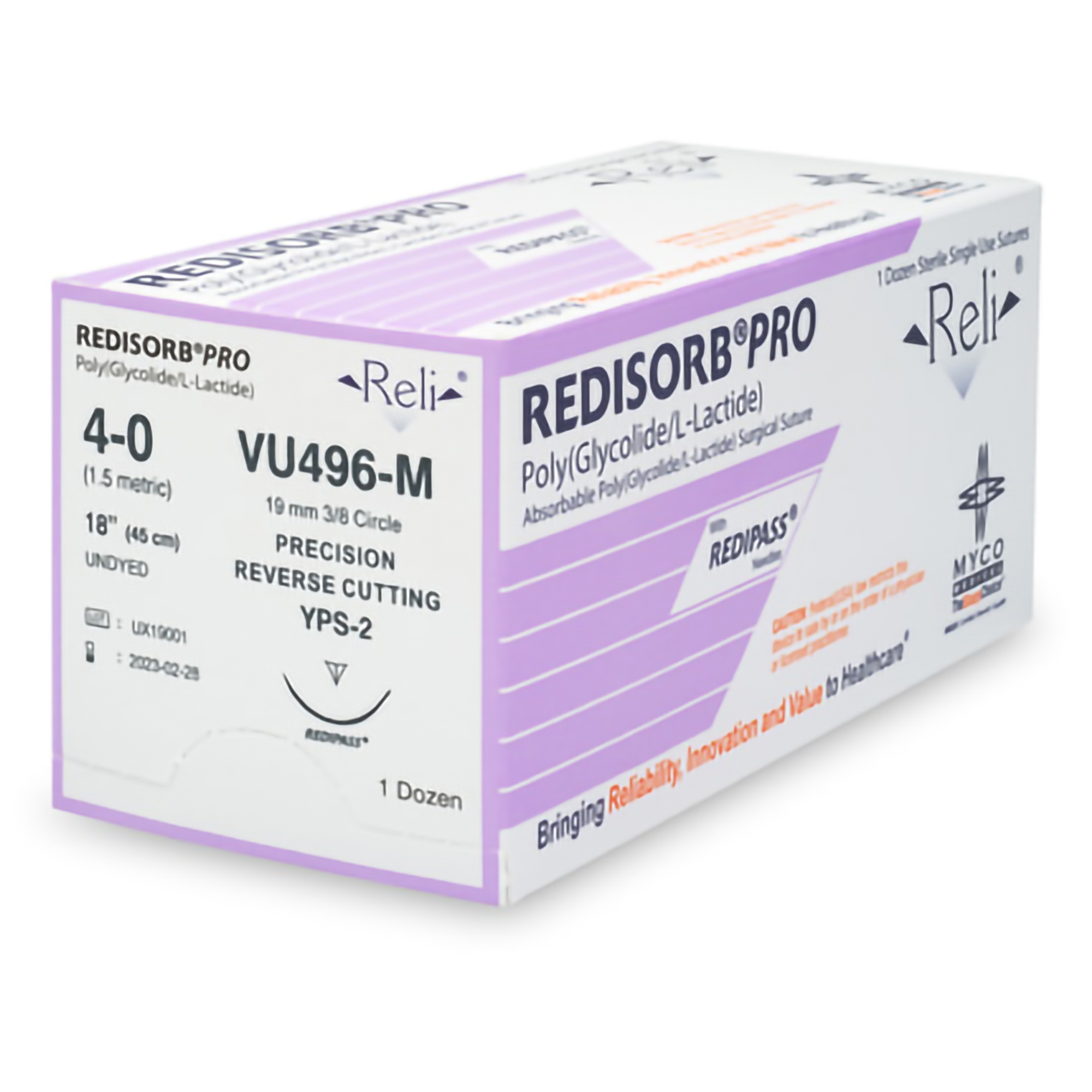 Suture with Needle Reli® Redisorb™ Absorbable Polyglycolic Acid MPS-2 3/8 Circle Precision Reverse Cutting Needle Size 4 - 0 Braided by Myco Medical  ID VU496-M